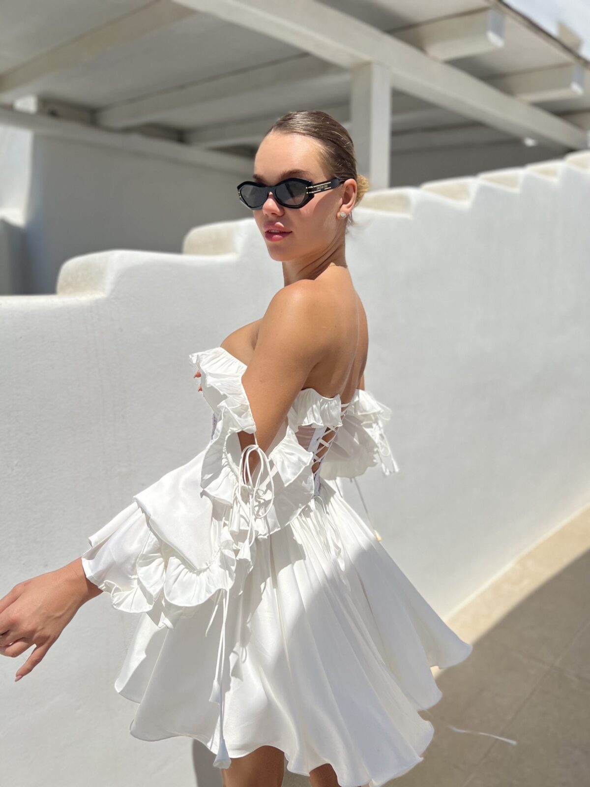 Corset dress, white dress, short dress, house of cb, oh Polly, Cinderella’s closet, corset, summer dress, Lorelei dress, luxury brands, revolve, cute dress, old money style